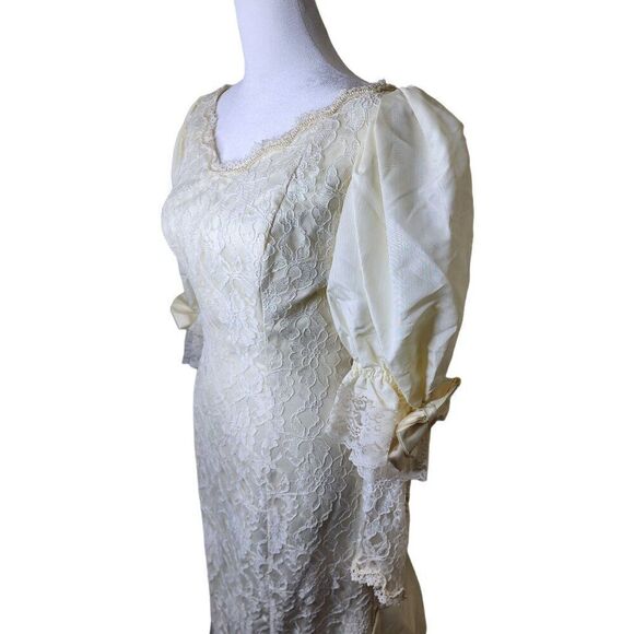 Vintage 80s Lace Wedding Dress Womens S White Bow Seed Pearls Mutton Sleeves Tru - Picture 7 of 13